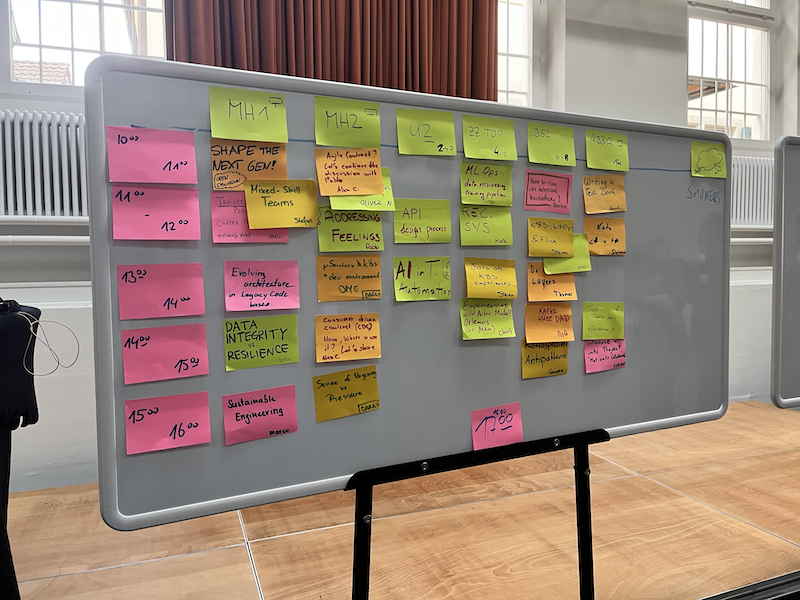 Schedule board with sticky notes from SoCraTes Day